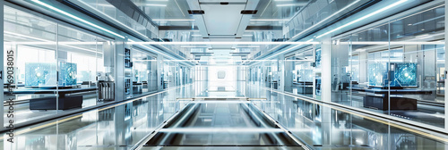 Futuristic Factory Interior, Modern Corridor with Blue Science Lighting, Industrial Technology and Design