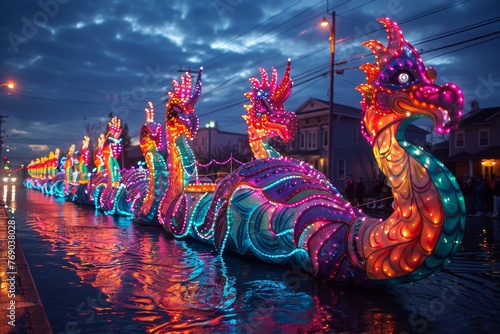 A stunning, multicolored illuminated dragon float traverses the street in a nighttime festival parade, reflecting on the wet ground