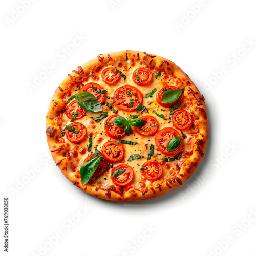 Fresh pizza isolated on a white background. Vegetarian pizza with cheese, tomatoes and basil. Top view. Generated AI.