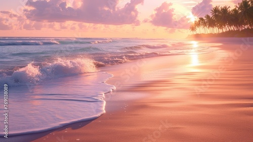 The serene beauty of a tropical beach at sunset, with the sun casting a warm glow over the soft waves and palm trees, creating a tranquil and picturesque scene.