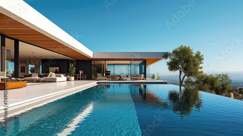 A sleek, modern luxury home featuring expansive glass walls, minimalist design, and an inviting infinity pool with a clear blue sky background.