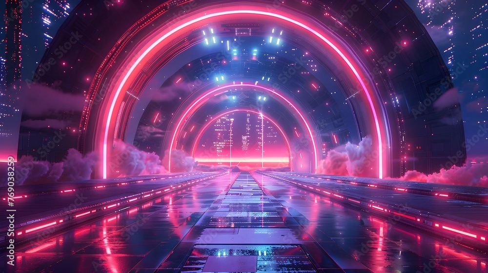 Futuristic Neon Tunnel in Matte Painting Style, To convey a sense of futurism, high-tech innovation, and urban transport in a surreal and Futuristic Neon Tunnel in Matte Painting Style, To convey a sense of futurism, high-tech innovation, and urban transport in a surreal and