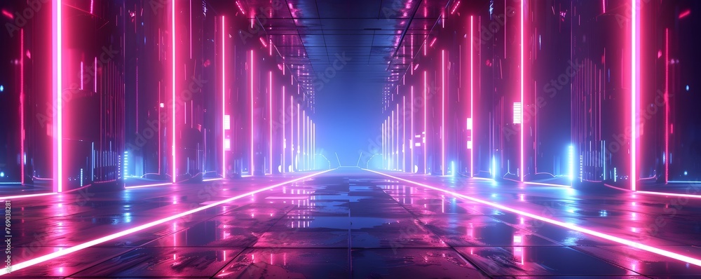 Neon-Lit Corridor in Cyberpunk Style, To convey a sense of innovation and advancement in a futuristic, high-tech cityscape