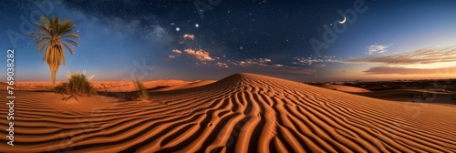 Moonlit desert oasis serene beauty with sandy hues, stars, crescent moon, evoking peaceful mystique
