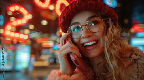 Smiling young woman in glasses using smartphone at night with city lights in the background.