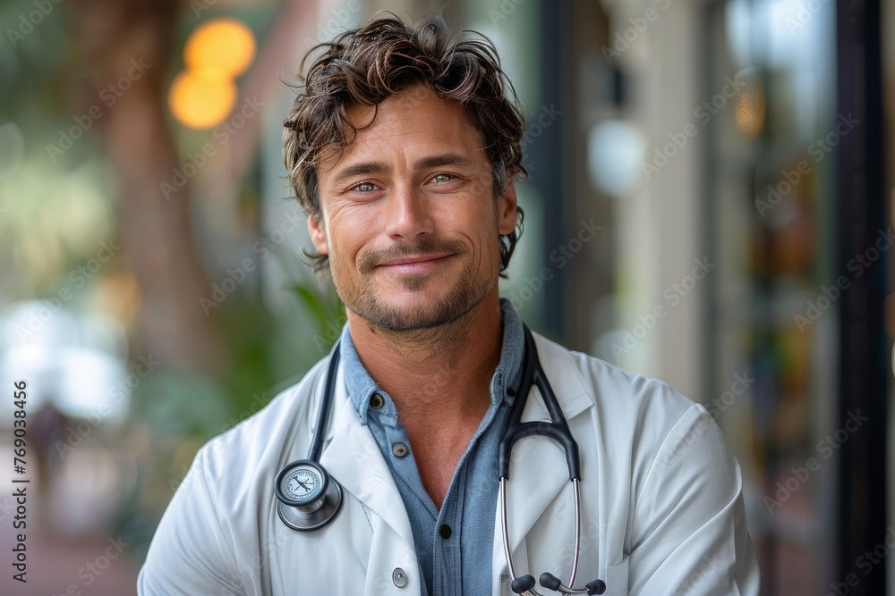 Charismatic young male physician with stethoscope in an urban environment, displaying confidence Charismatic young male physician with stethoscope in an urban environment, displaying confidence