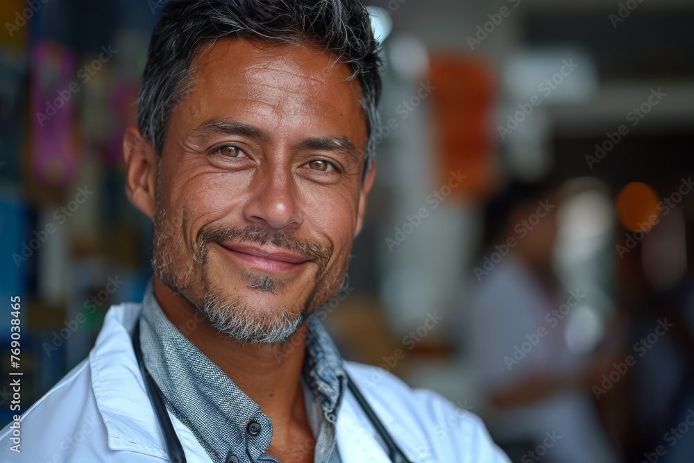 A mature, smiling male doctor with stethoscope stands against a colorful backdrop of outdoor markets A mature, smiling male doctor with stethoscope stands against a colorful backdrop of outdoor markets