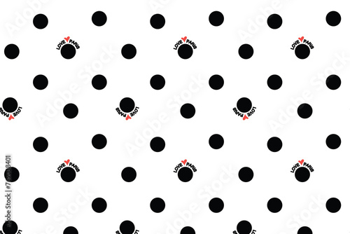 Seamless pattern. Small black circles on a white background. I Love Paris. Red heart. Flyer background design, advertising background, fabric, clothing, texture, textile pattern.
