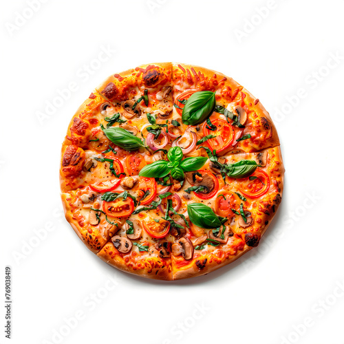 Fresh pizza isolated on a white background. Vegetarian pizza with cheese, tomatoes and basil. Top view. Generated AI.