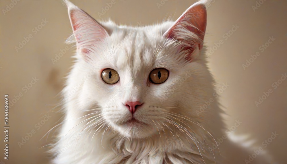 Fototapeta premium A close-up image of a purebred cat with striking white fur, large chocolate-colored eyes, and long, elegant whiskers resting gracefully on its hind legs