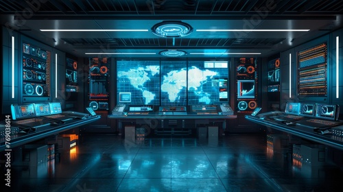 High-tech control room with monitors displaying graphs and various data