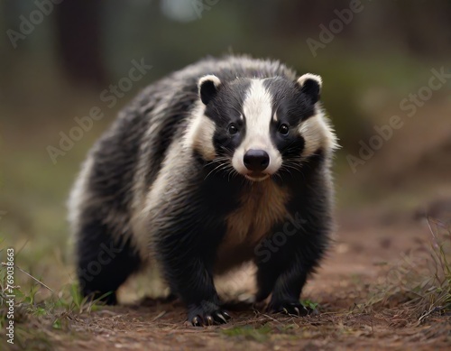  Close-up of a badger walking on a dirt road surrounded by forest landscape with grass and trees in the background