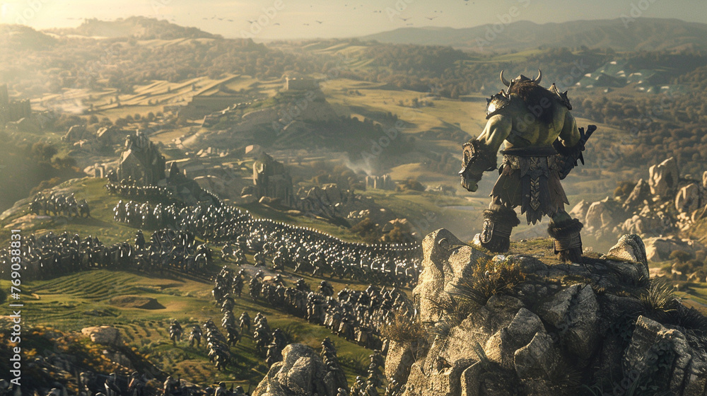 A powerful orc chieftain standing atop a hill overseeing an army of orcs ready for battle with a vast untouched wilderness stretching into the horizon - obrazy, fototapety, plakaty 
