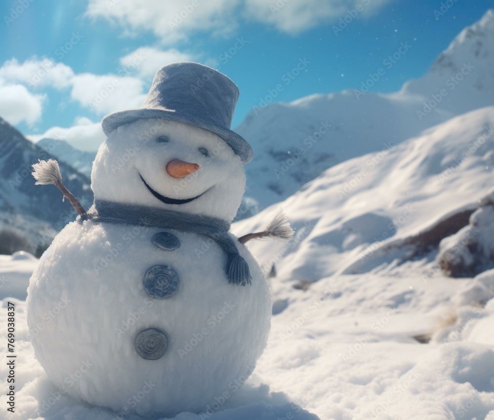 Obraz premium A snowman with a hat and scarf standing in the middle of some snowy ground. Generative AI.