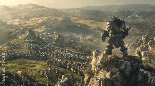 A powerful orc chieftain standing atop a hill overseeing an army of orcs ready for battle with a vast untouched wilderness stretching into the horizon photo
