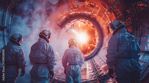Engineers in advanced protective suits observing a nuclear fusion reaction bright and intense energy beams converging in the center photo