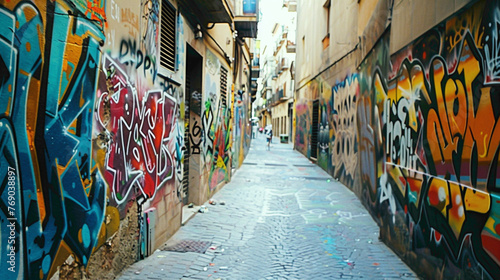 Vibrant graffiti adorns the walls of a street, its bold colors popping against a clean white backdrop, adding an artistic flair to the urban landscape.