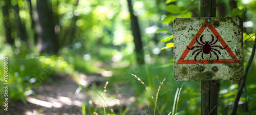Sign in the summer forest with a park with the inscription Attention  Ticks  Alerting visitors of the risk of tick infestation. Danger of ticks. Generative AI