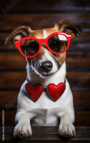 A dog wearing red glasses and a heart shaped necklace. Generative AI. © serg3d