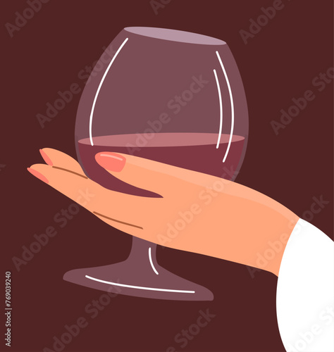 Glass of cognac in hand. A woman drinks an alcoholic drink. Vector illustration