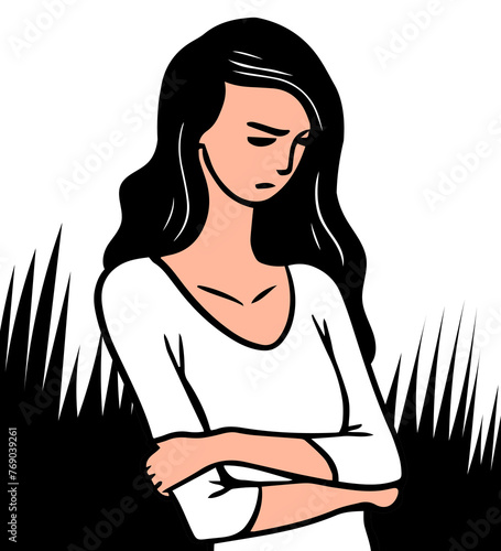 Young woman sad. Hurt feelings and anger. Vector illustration drawing. Hand drawn style pop art