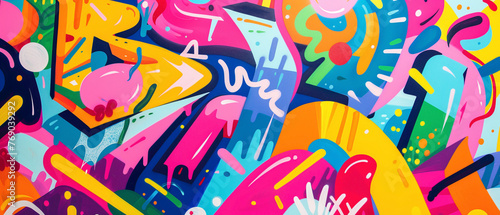 Vibrant graffiti-style lettering bursting with color alongside dynamic abstract patterns, infusing the urban landscape with energy and vitality.