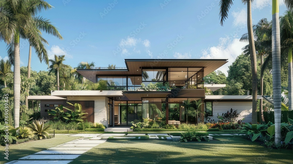 Harmony of Beauty: Picturesque Contemporary House with Beautiful Gardens and Palm Trees, Concept of Contemporary Architecture, Serene Oasis, Modern Living Spaces
