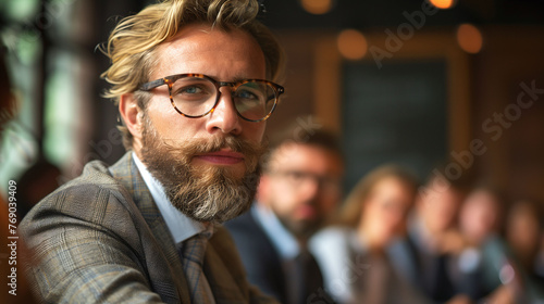 Confident businessman in a meeting with colleagues blurred in the background, showcasing leadership and professionalism.