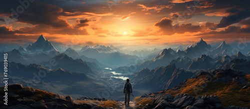 Hiker in the mountains at sunset. Panoramic view.