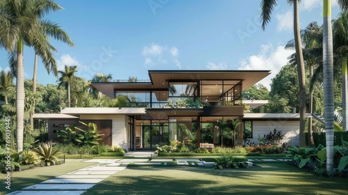 Harmony of Beauty: Picturesque Contemporary House with Beautiful Gardens and Palm Trees, Concept of Contemporary Architecture, Serene Oasis, Modern Living Spaces  © Didikidiw61447