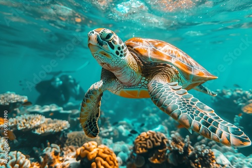 Submerged turtle amidst broken coral reef, backdrop with space, evoking environmental awareness and serenity