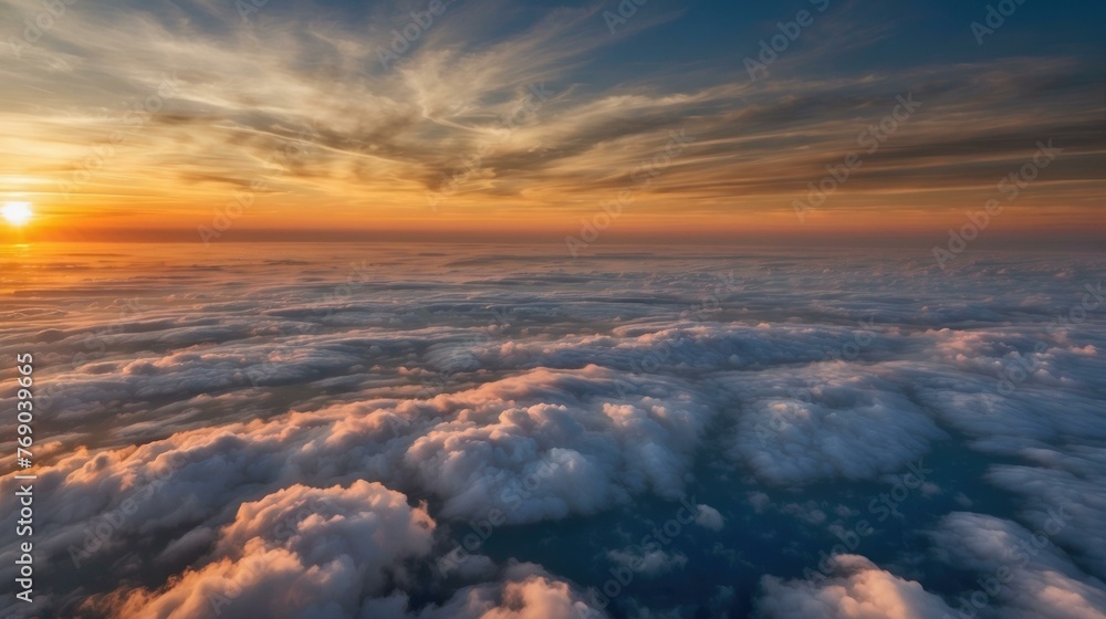 A view of the sun rising over a cloud filled sky. Generative AI. A view of the sun rising over a cloud filled sky. Generative AI.