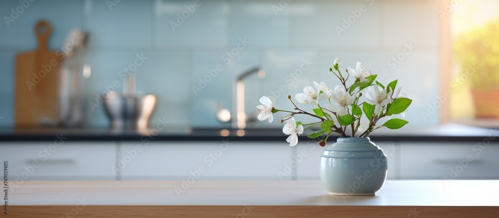 blurry bokeh modern kitchen interior background in clean and bright