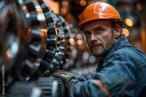 Close-up of a man with orange helmet working attentively with industrial machinery photo