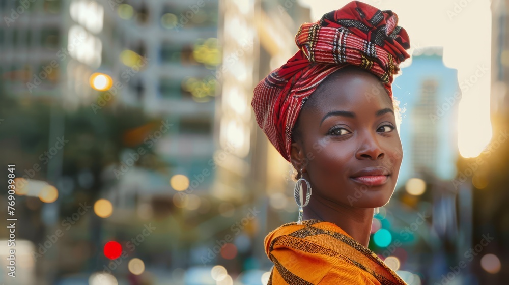 Photo of a young African woman in a modern city setting, blending traditional and contemporary styles, with the cityscape blurred behind, natural daylight - obrazy, fototapety, plakaty 