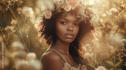 Ethereal portrait of a young African woman surrounded by nature, wearing a flowy dress, with flowers in her hair, dreamy and soft focus background, golden hour for a magical feel