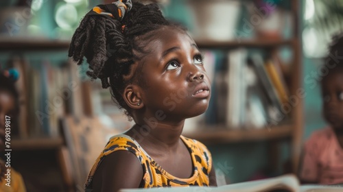 Heartwarming photo of children learning about Juneteenth through storytelling, focused attention and curiosity, intimate indoor setting, soft lighting