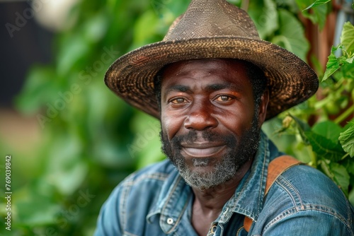 Portrait of a welcoming African farmer with a gentle smile, surrounded by green foliage in a sunlit garden