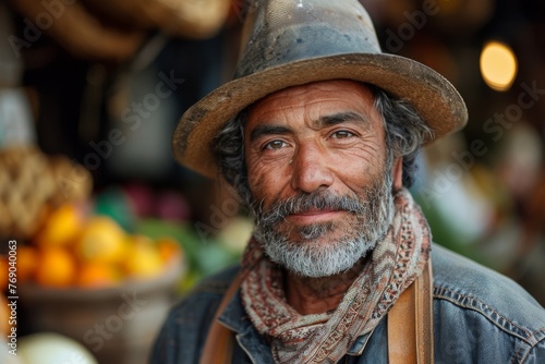 Friendly market vendor with a scruffy beard, wearing a cowboy hat and denim, standing by fruit stands