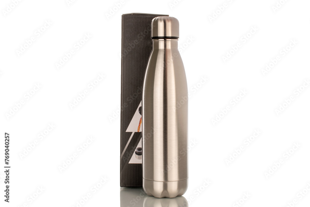 One metal thermos bottle with paper box, macro, isolated on white background. One metal thermos bottle with paper box, macro, isolated on white background.