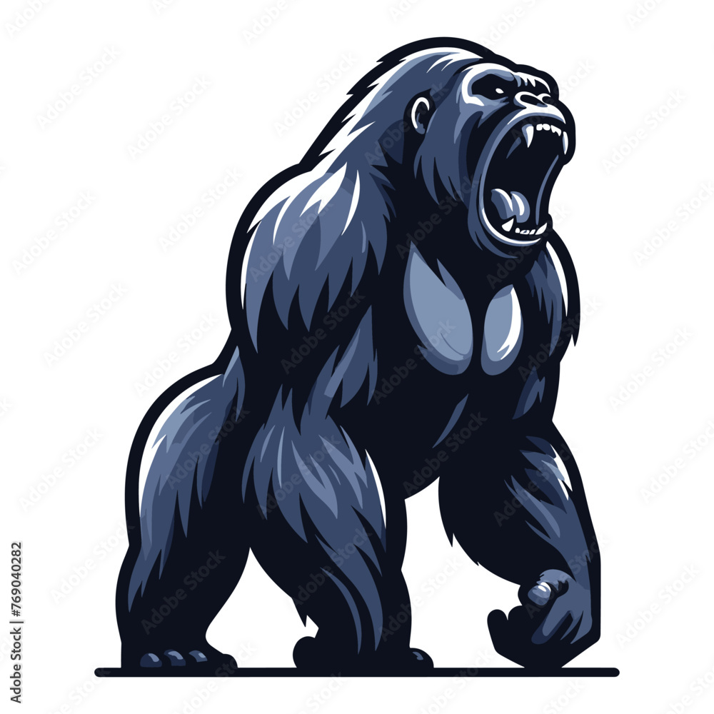 Fototapeta premium Wild angry gorilla full body vector illustration, primate animal zoology element illustration, roaring strong big ape concept, design template isolated on white background