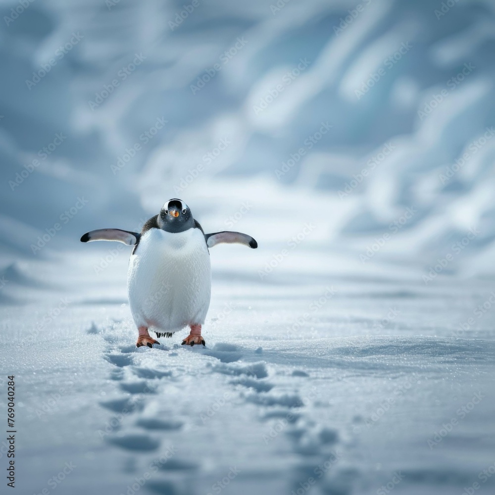 Obraz premium A penguin walking on snow covered ground with a smile. Generative AI.