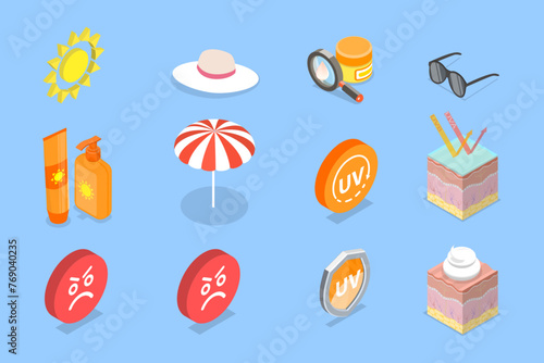 3D Isometric Flat Vector Set of UV Protection Items, Summer or Seaside Vacations Cosmetics