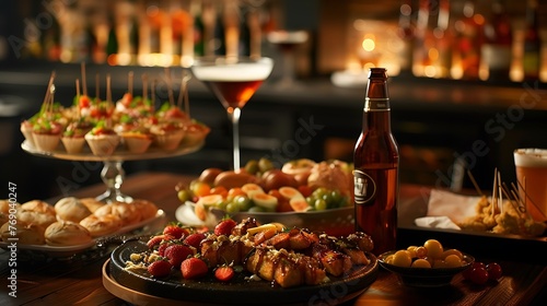 a scene where a chic cocktail table is beautifully adorned with an assortment of appetizers  with a clear spotlight on a stylishly displayed beer bottle