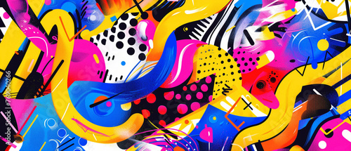 Vibrant graffiti-style lettering bursting with color alongside dynamic abstract patterns  infusing the urban landscape with energy and vitality.