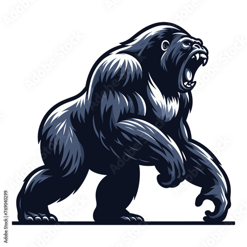 Wild angry gorilla full body design illustration, roaring strong big ape concept, primate animal zoology element illustration, vector template isolated on white background