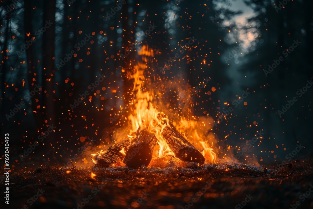 A serene yet powerful image of a campfire in the woods, with the night enhancing its warm, fiery glow A serene yet powerful image of a campfire in the woods, with the night enhancing its warm, fiery glow