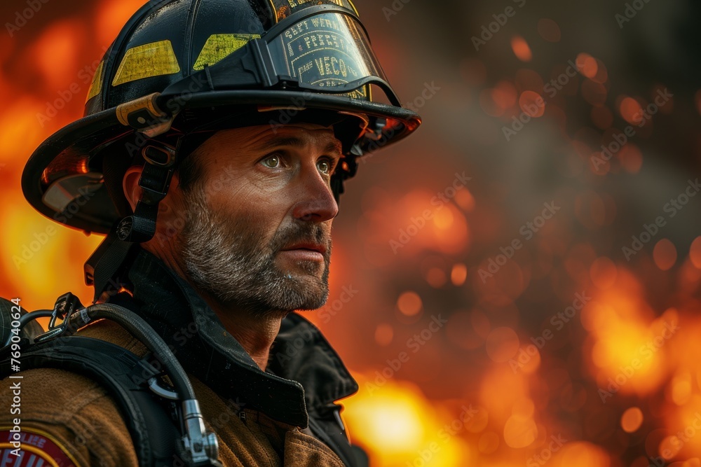 A firefighter in full gear is seen against the backdrop of roaring flames, representing bravery and urgency A firefighter in full gear is seen against the backdrop of roaring flames, representing bravery and urgency