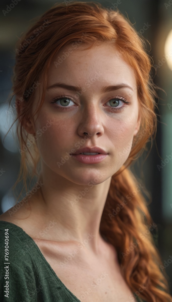 Fototapeta premium A woman with red hair wearing a green shirt, seriously looking into the camera
