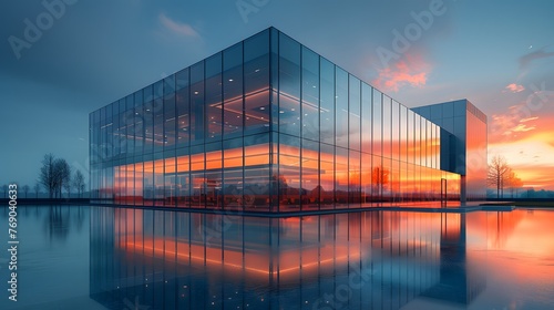 image of a modern office building, with sleek glass  geometric architecture, and dynamic lighting, portrayed in breathtaking 16k ultra HD realism. © RANA